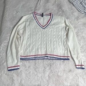 Divided Red and White V-Neck Sweater